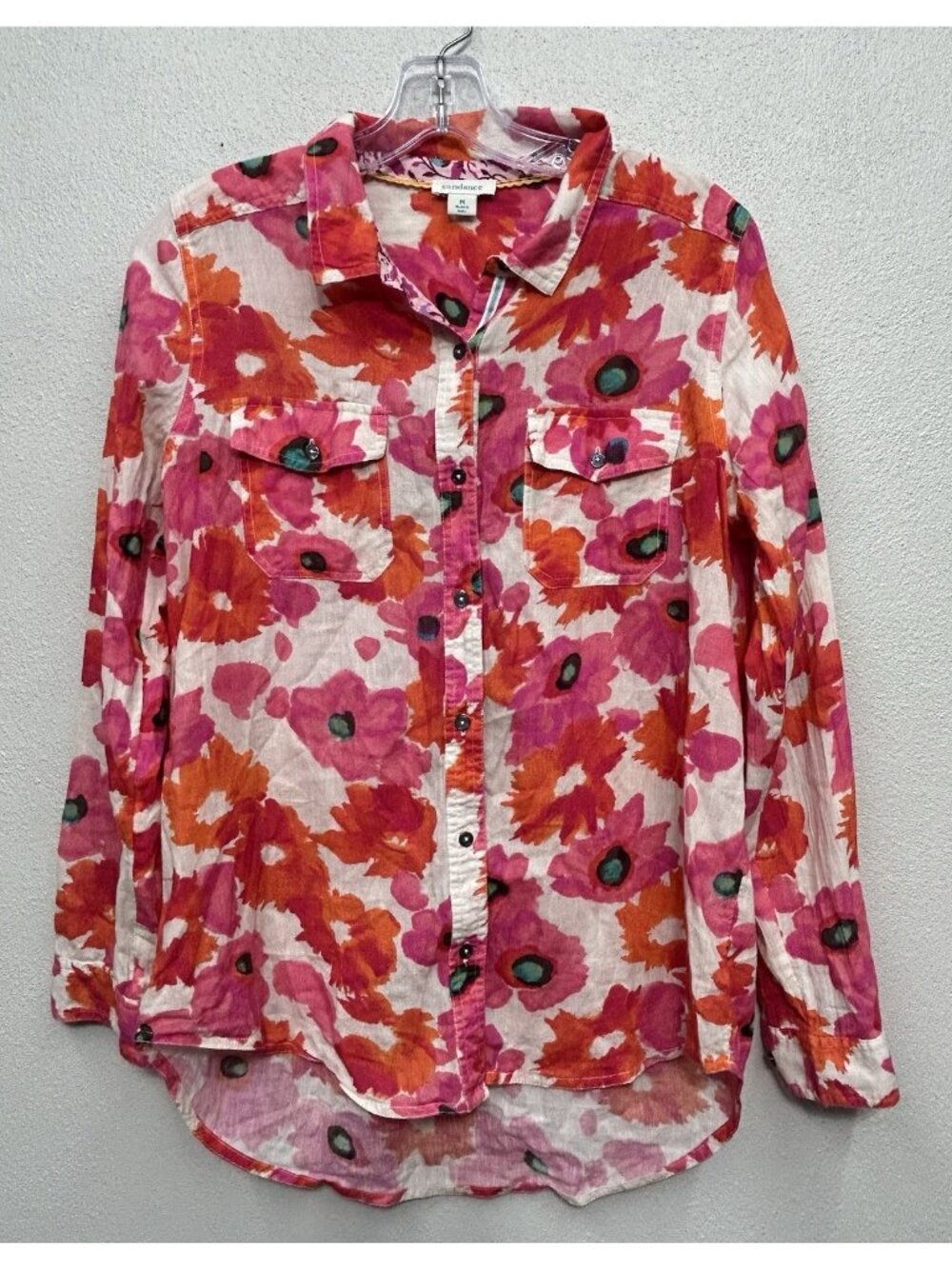 Sundance 100% Cotton Gauzy Floral Button-Up Long-Sleeve Shirt Medium Poppy - Picture 2 of 5